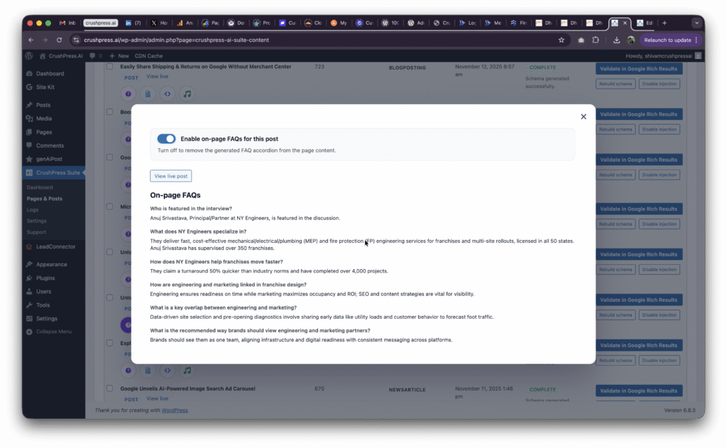 crushpress.ai wordpress plugin on-page FAQ demo screenshot