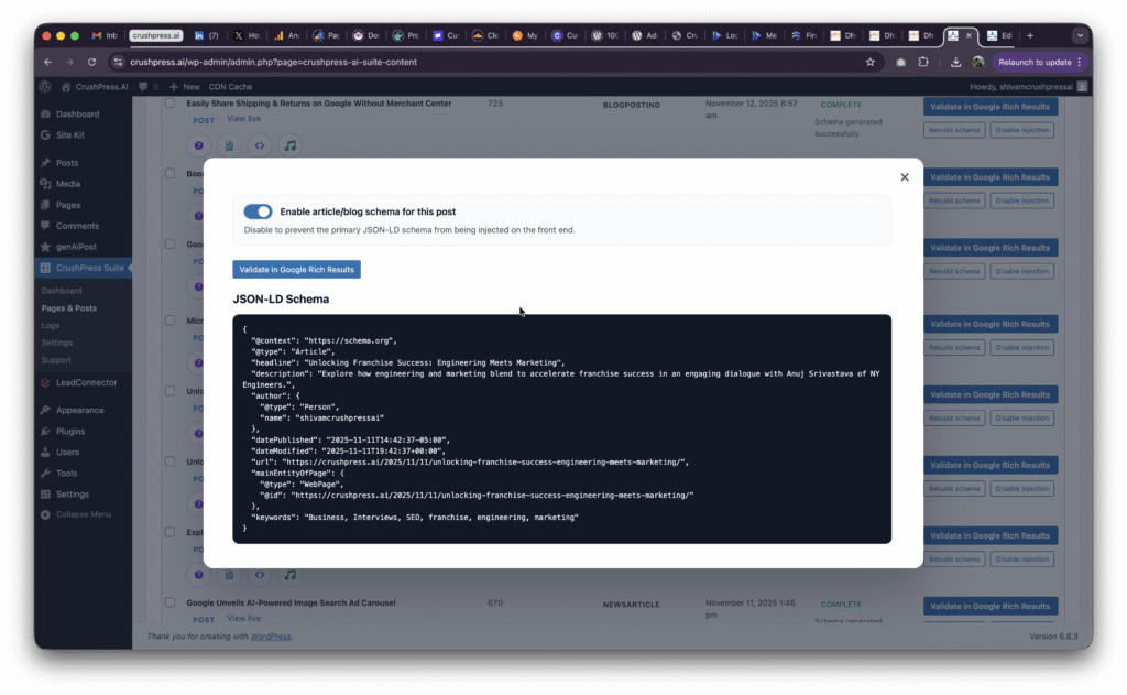 crushpress.ai wordpress plugin schema.org LD-JSON JSON-LD AEO GEO SEO schemas example demo screenshot