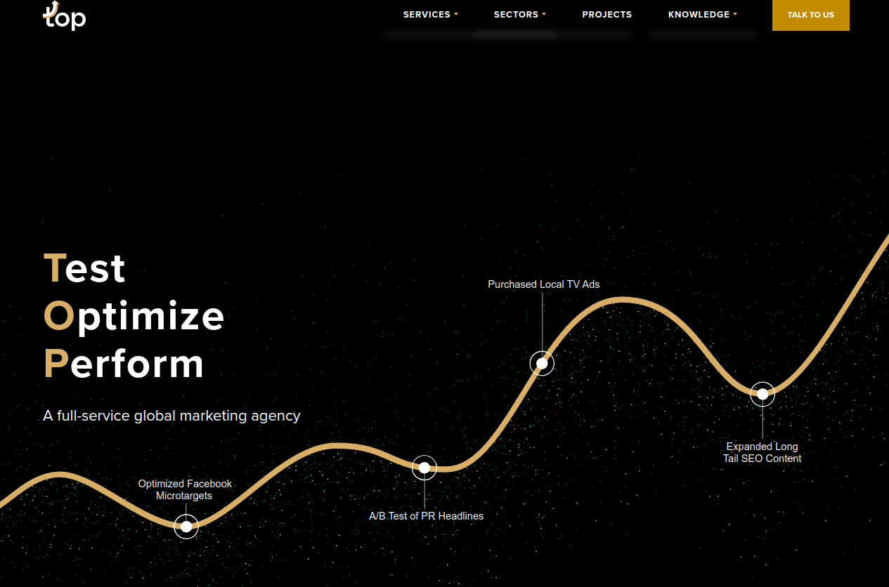 ```json
{
"alt": "Graphical timeline showing marketing strategies under the heading 'Test, Optimize, Perform' by a full-service global marketing agency.",
"caption": "Embark on a strategic marketing journey with 'Test, Optimize, Perform.' Discover the impact of targeted actions like Facebook microtargets and TV ads in this graphic.",
"description": "This image presents a graph depicting the strategic steps 'Test, Optimize, Perform' by a full-service global marketing agency. The timeline highlights key marketing approaches such as optimized Facebook microtargets, A/B testing of PR headlines, purchasing local TV ads, and expanding long-tail SEO content. The background creates a visual contrast against the golden curve representing growth and strategic implementation. Keywords: marketing strategy, global agency, A/B testing, SEO, advertising."
}
```