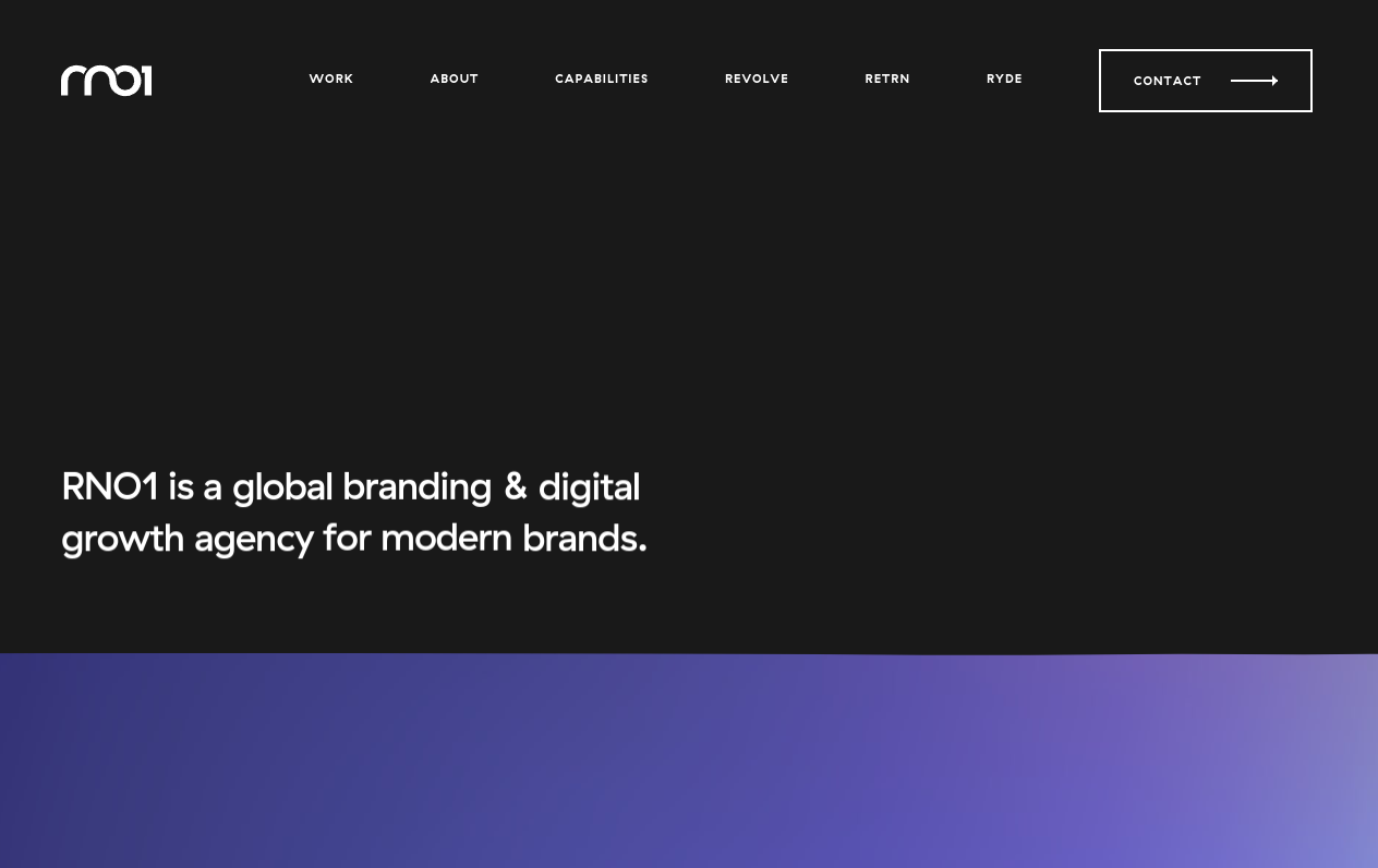 ```json
{
"alt": "RNO1 branding and digital growth agency homepage screenshot.",
"caption": "Discover RNO1: a dynamic global branding and digital growth agency dedicated to elevating modern brands.",
"description": "This image is a screenshot of RNO1's homepage. It features a minimalist black and purple design with the text: 'RNO1 is a global branding & digital growth agency for modern brands.' The top menu includes options like Work, About, Capabilities, Revolve, ReteRN, Ryde, and a prominent 'Contact' button. The sleek layout and color scheme reflect the agency's modern and innovative approach to brand growth."
}
```