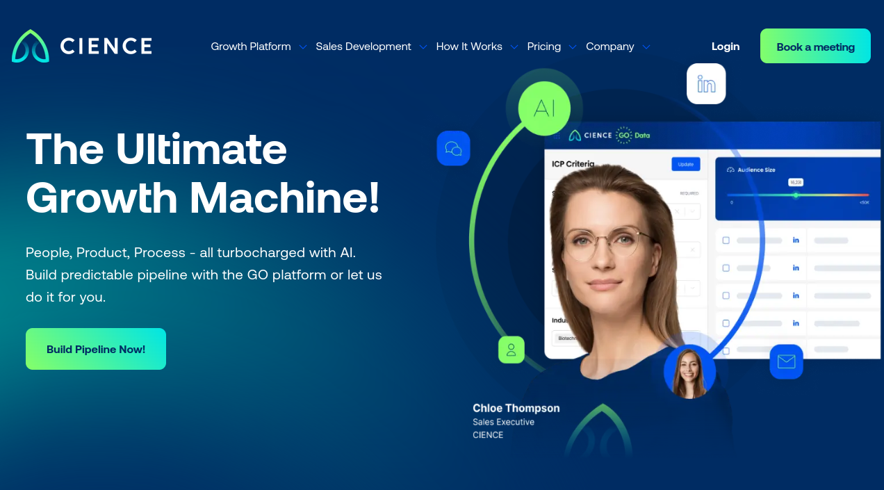 ```json
{
"alt": "CIENCE homepage showcasing AI-powered growth platform with woman's headshot and interactive dashboard.",
"caption": "Experience the ultimate growth machine with CIENCE's AI-powered platform. Turbocharge your sales and pipeline effortlessly!",
"description": "The CIENCE homepage features their AI-driven growth platform prominently. A female executive's headshot is superimposed over a digital interface showcasing ICP criteria and audience size metrics. Call-to-action buttons invite users to build their sales pipeline or book a meeting. The design includes company branding and navigation options for various services and pricing details. Keywords: CIENCE, AI, growth, sales development, pipeline."
}
```