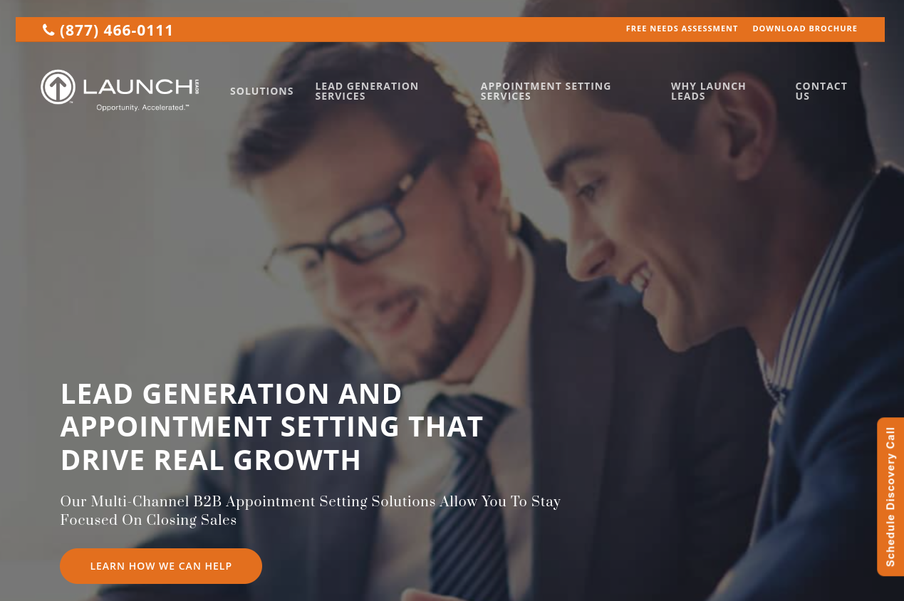 ```json
{
  "alt": "Two business professionals smiling and discussing, with lead generation text overlay.",
  "caption": "Transform your business with expert lead generation and appointment setting. Discover solutions designed to accelerate growth and maximize sales closure.",
  "description": "The image showcases two smiling business professionals engaged in discussion, symbolizing collaboration. Overlay text promotes lead generation and appointment setting services, emphasizing growth and sales closure. The layout includes a prominent call-to-action button labeled 'Learn How We Can Help,' set against a corporate-themed website with navigation menus at the top."
}
```