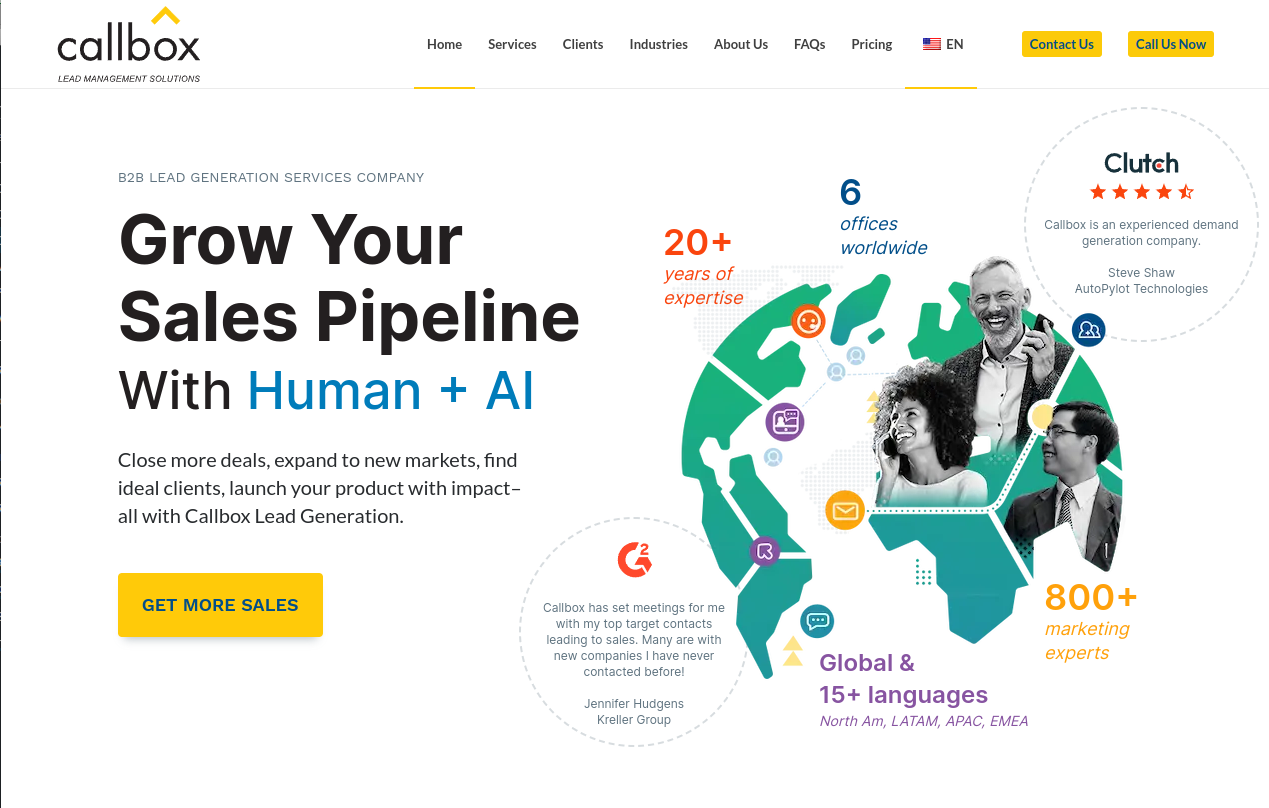 ```json
{
  "alt": "Business promo graphic highlighting Callbox's sales pipeline growth through human and AI. Features global network and testimonials.",
  "caption": "Unlock global sales potential with Callbox! Harness the blend of human expertise and AI to expand your market reach and increase client engagement.",
  "description": "This image promotes Callbox, a B2B lead generation services company, emphasizing its ability to grow sales pipelines using human expertise and AI. The graphic features a global map indicating six offices worldwide, and highlights '20+ years of expertise' and '800+ marketing experts' across '15+ languages'. Testimonials from satisfied clients and a high Clutch rating are also featured, promoting their credibility and effective demand generation solutions. Ideal for businesses seeking to enhance their market reach and client engagement."
}
```