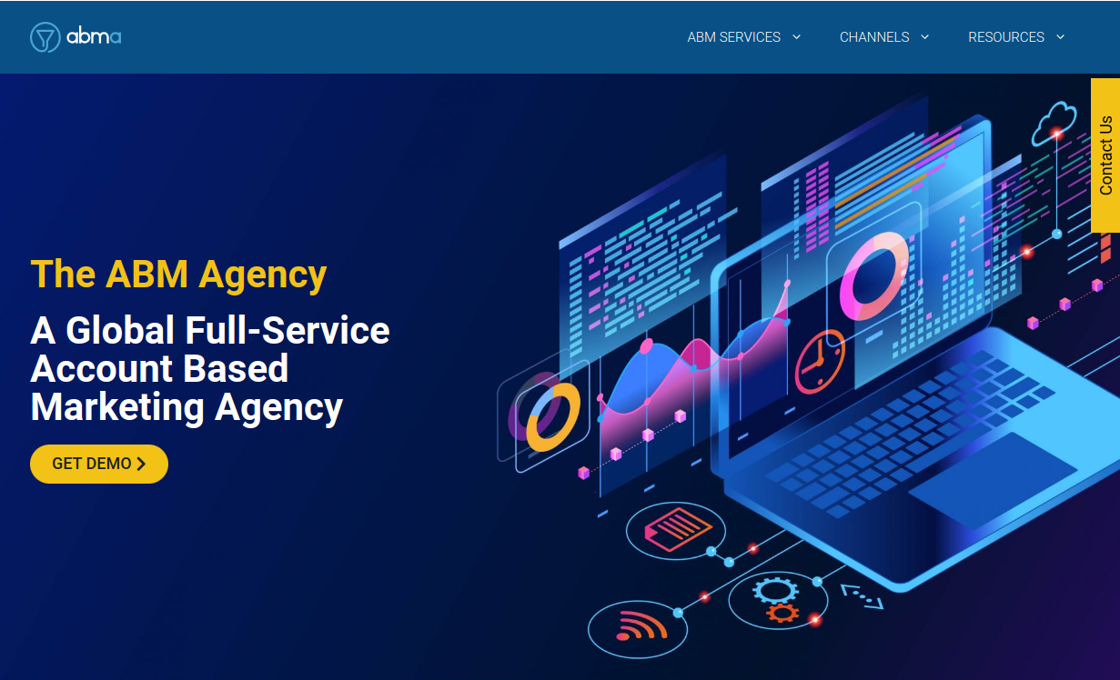 ```json
{
"alt": "Digital marketing graphic with data visualizations, coding elements, and a laptop representing a full-service ABM agency.",
"caption": "Explore cutting-edge marketing solutions with our global full-service account-based marketing agency. Transform your strategy today!",
"description": "The image showcases a futuristic digital marketing theme with a focus on data and technology. It features vibrant neon graphics, including graphs, coding lines, and abstract elements around a laptop. The text highlights 'The ABM Agency', promoting its services as a global full-service account-based marketing agency. The prominent 'Get Demo' button invites engagement. This visual composition is ideal for high-tech marketing and digital transformation themes."
}
```