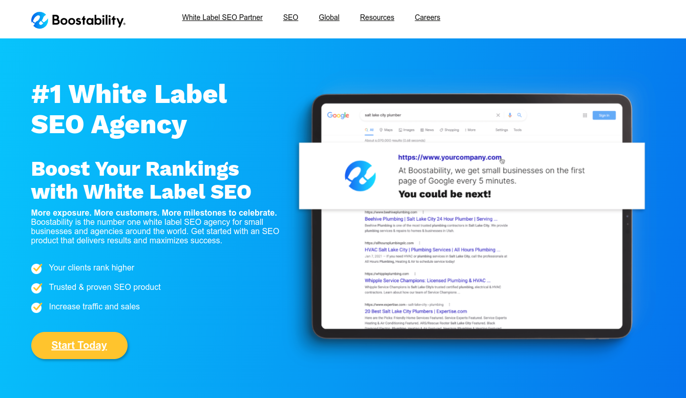 ```json
{
  "alt": "#1 White Label SEO agency Boostability offers SEO services, showcasing a computer screen with a Google search.",
  "caption": "Boostability: Elevate your search rankings with the leading White Label SEO agency. See how your company can be the next success story!",
  "description": "This image promotes Boostability, a top White Label SEO agency, highlighting its ability to boost rankings for clients worldwide. A computer screen displays Google search results, emphasizing SEO success. Key features include increased traffic, proven results, and a call to action. The image uses a vibrant blue background with engaging text to attract small businesses seeking SEO solutions."
}
```
