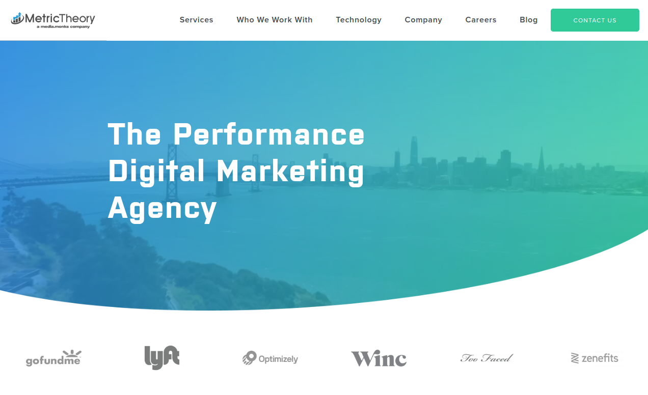 ```json
{
  "alt": "Metric Theory website homepage showing a cityscape and text 'The Performance Digital Marketing Agency'.",
  "caption": "Discover cutting-edge strategies with Metric Theory, your dedicated performance digital marketing agency. Dive into the future of marketing excellence today!",
  "description": "This image displays the homepage of the Metric Theory website, featuring text 'The Performance Digital Marketing Agency' against a cityscape backdrop. The top navigation includes options like Services, Company, and Blog. Partner logos such as GoFundMe and Lyft appear at the bottom, emphasizing collaboration with various brands. The blend of marketing-focused text and visual aesthetics highlights Metric Theory's role in digital marketing innovation."
}
```