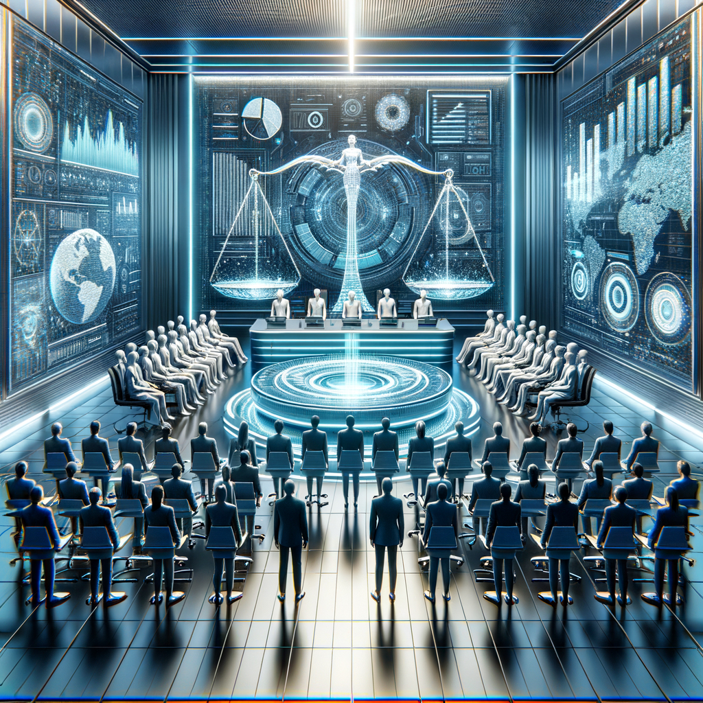 ```json
{
  "alt": "Futuristic conference room with digital screens, holographic scales of justice, and numerous seated figures.",
  "caption": "In this advanced digital conference room, a futuristic holographic scales of justice presides over a gathering, as participants are immersed in a world of data and analytics.",
  "description": "This image depicts a futuristic conference room filled with digital screens displaying graphs and maps. A holographic representation of scales of justice stands central, symbolizing balance and impartiality. Numerous humanoid figures are seated in a circular arrangement, indicating a high-tech meeting or tribunal setting. The ambiance is highlighted by a blue and white color scheme and advanced visual displays, conveying a blend of technology, data, and leadership."
}
```