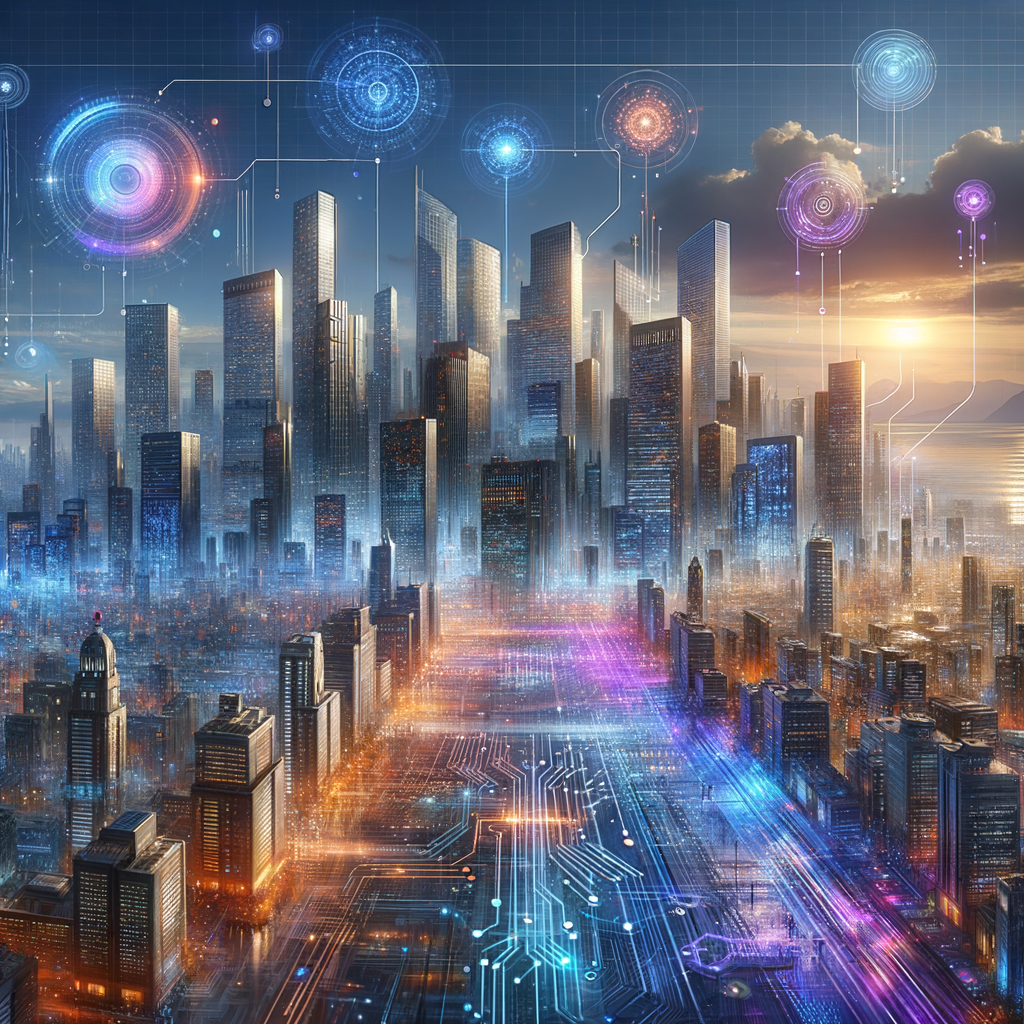```json
{
  "alt": "Futuristic cityscape with tall skyscrapers, glowing circuit patterns on streets, and digital interface elements in the sky.",
  "caption": "A visionary glimpse into the future: a bustling metropolis where advanced technology interweaves with architectural marvels, illuminating possibilities.",
  "description": "This image showcases a futuristic cityscape adorned with towering skyscrapers and illuminated streets resembling circuit board patterns. Digital interface elements hover in the sky above, suggesting an advanced, integrated technological world. The setting sun casts a warm glow, contrasting with the cool, electric hues of the city, merging natural beauty with modern architecture. Keywords: futuristic, cityscape, skyscrapers, technology, digital interface."
}
```