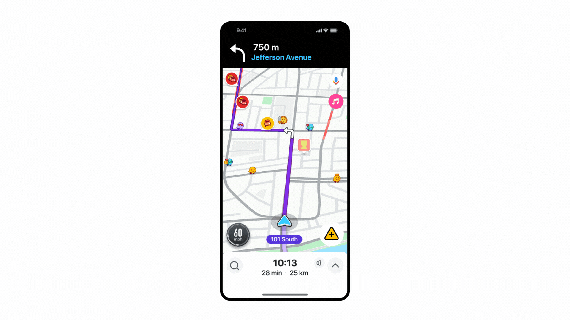 ```json
{
  "alt": "Smartphone displaying a navigation app with route and traffic alerts.",
  "caption": "Navigate effortlessly with this intuitive app! Get real-time traffic alerts and route guidance, ensuring a smooth journey.",
  "description": "This image shows a smartphone screen with a navigation app open. The app displays a route highlighted in purple with a turn ahead onto Jefferson Avenue. Various icons indicate traffic conditions, speed limit, and alerts. The map interface includes options for music and microphone input, enhancing the user's experience with interactive features. Keywords: navigation app, smartphone, traffic alerts, route guidance."
}
```