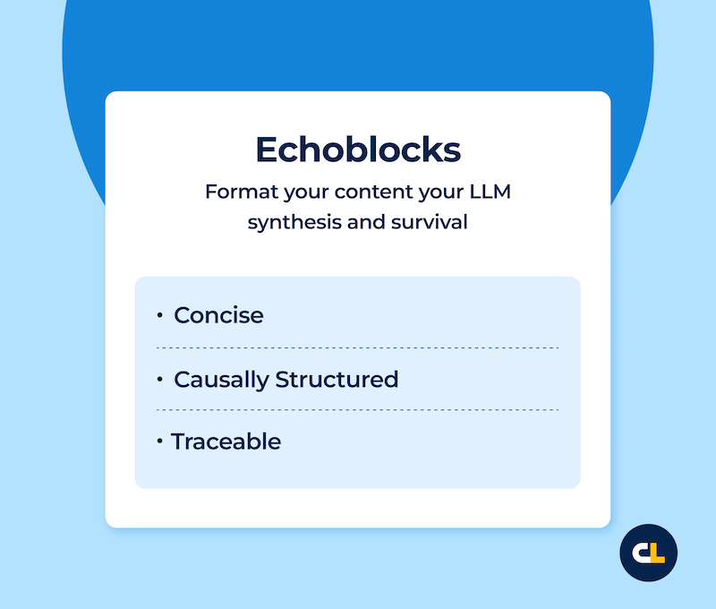 ```json
{
  "alt": "Graphic titled Echoblocks with text about content formatting for LLM synthesis and survival. Features three points: Concise, Causally Structured, Traceable.",
  "caption": "Discover the essentials of content formatting with Echoblocks: concise, causally structured, and traceable guidelines for effective LLM synthesis.",
  "description": "This image is a graphic titled 'Echoblocks' with instructions on formatting content for large language model (LLM) synthesis and survival. It emphasizes three key elements: making content concise, causally structured, and traceable. The design features a clean, professional layout with blue and white tones, accompanied by a small logo in the bottom right corner. This visual aid is ideal for educators and content creators interested in optimizing their written material for advanced language processing."
}
```