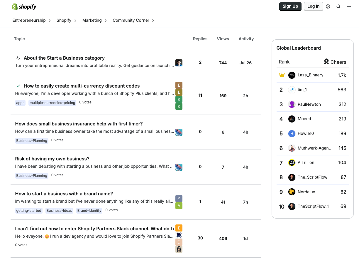 Shopify community forum discussing various business topics with a leaderboard of top contributors.