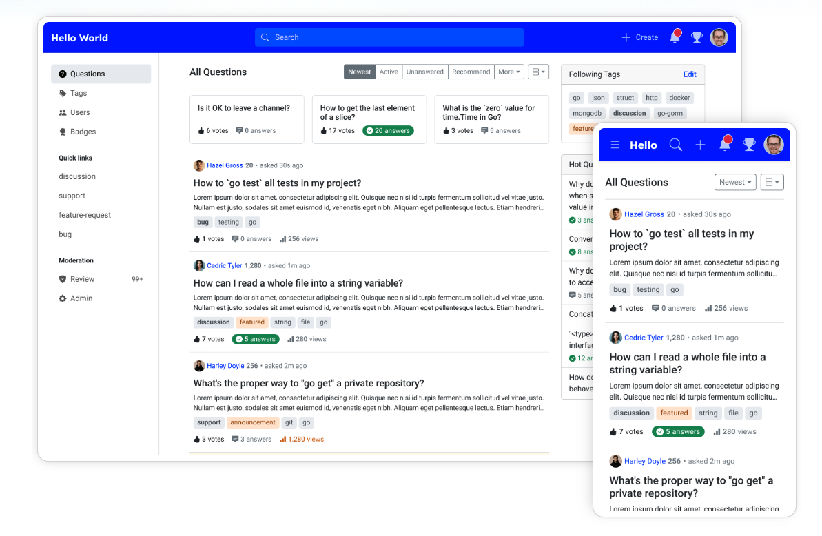 ```json
{
  "alt": "Online forum interface with questions listed and search bar at the top.",
  "caption": "Explore the dynamic world of online discussions with this forum interface, where questions and answers are just a search away.",
  "description": "This image showcases an online forum interface, labeled 'Hello World,' featuring a main area with a search bar, a list of questions, vote counts, and answer statistics. The sidebar includes navigation options for tags, users, badges, and quick links. Following tags and popular questions are displayed alongside the main content. The design highlights ease of navigation and interaction, essential for collaborative community platforms. Keywords: online forum, questions, interaction, community, search."
}
```
