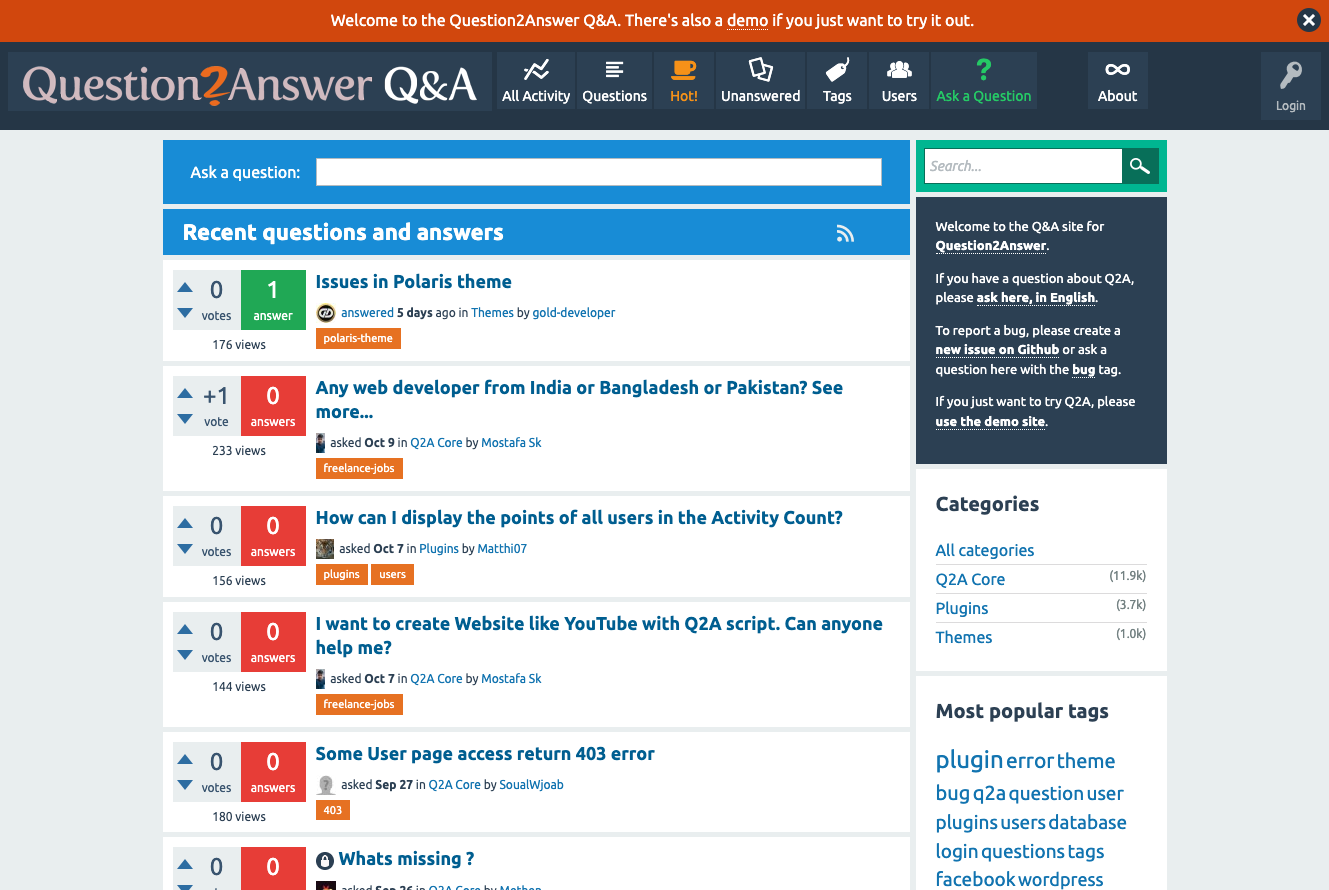 ```json
{
  "alt": "Question2Answer Q&A webpage with a list of recent questions and answers.",
  "caption": "Dive into the latest inquiries on the Question2Answer platform, where users engage in discussions about themes, development, and more.",
  "description": "The image shows a webpage from the Question2Answer Q&A platform, displaying recent questions and answers. Users can vote, view answer counts, and see question details like tags and views. Navigation options include activity, questions, tags, and a search bar. This interface facilitates community interaction on topics like plugins, themes, and web development."
}
```