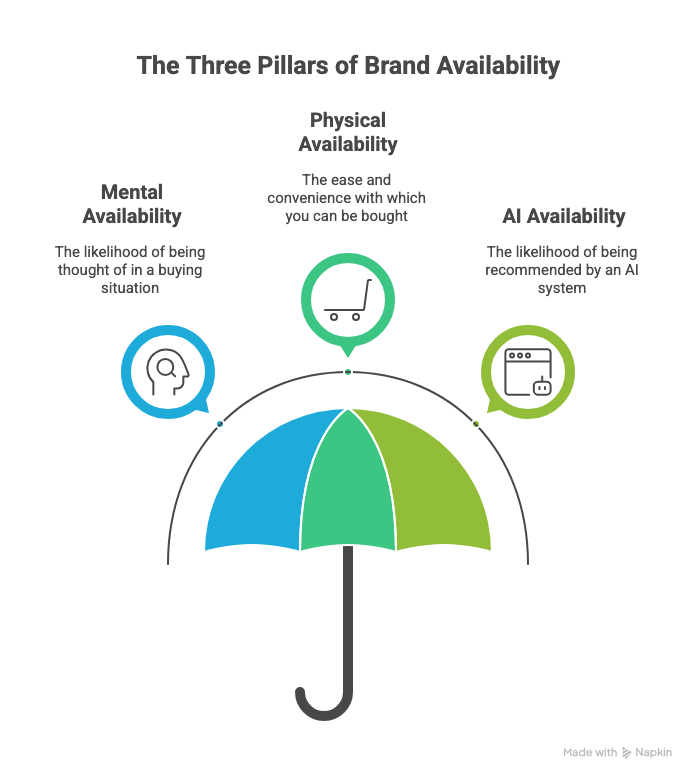 ```json
{
  "alt": "Illustration showing three pillars of brand availability: mental, physical, and AI, represented by icons above an umbrella.",
  "caption": "Discover the three pillars of brand availability: mental recall, physical access, and AI recommendations, illustrated above a colorful umbrella.",
  "description": "This illustration highlights the three pillars of brand availability: Mental Availability is about being thought of in buying situations, Physical Availability emphasizes ease of purchase, and AI Availability pertains to AI recommendation likelihood. Icons representing each pillar are interconnected above a multi-colored umbrella, symbolizing protection and support. This visual is crafted to promote understanding of brand presence in a holistic market context."
}
```