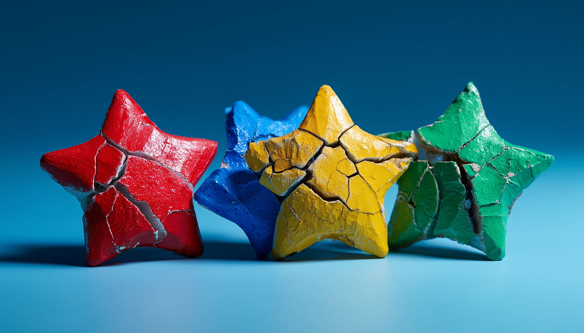 ```json
{
"alt": "Four cracked star-shaped clay models in red, blue, yellow, and green on a blue surface.",
"caption": "A vibrant collection of cracked clay stars in bold colors captures the eye against a serene blue backdrop, symbolizing resilience and beauty in imperfection.",
"description": "This image showcases four star-shaped models made from clay, each uniquely cracked, painted in vivid red, blue, yellow, and green. Set against a seamless blue background, the photograph highlights the textured surfaces and the intricate fractures of the stars. Perfect for themes of resilience, creativity, and color, this image vividly illustrates beauty in imperfection."
}
```