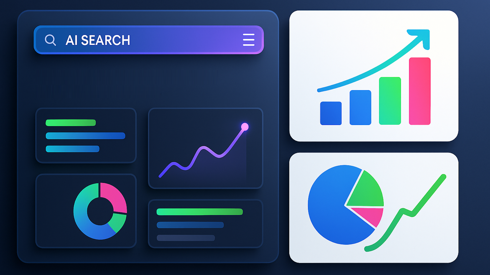 ```json
{
  "alt": "Digital interface displaying AI search results with charts and graphs on a dark blue background.",
  "caption": "Exploring AI search capabilities through dynamic graphs and charts, showcasing data trends and analytics on a sleek, modern interface.",
  "description": "This image illustrates a digital dashboard featuring AI search functionalities. On a dark blue background, a colorful AI search bar is present, accompanied by various analytical visualizations. These include bar charts, line graphs, and pie charts in vibrant hues, accentuating data trends and business analytics. Designed with a modern aesthetic, this image is ideal for themes related to AI, technology, data analysis, and digital interfaces."
}
```