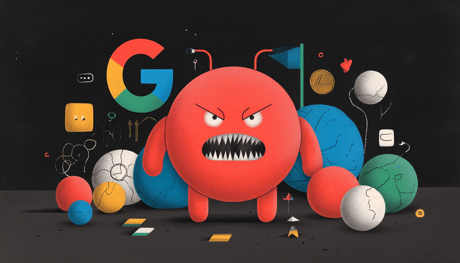```json
{
  "alt": "Illustration of an angry red creature in front of colorful abstract shapes and a large 'G'.",
  "caption": "A fierce red creature takes center stage, surrounded by a playful array of shapes and a striking 'G' logo behind it.",
  "description": "This vibrant illustration features a menacing red creature with sharp teeth and angry eyes, set against a dark background. Surrounding the creature are colorful, abstract shapes, including spheres in red, blue, and green, and miscellaneous objects. A large 'G' logo adds a focal point behind the creature. The mix of vivid colors and strong expressions creates a dynamic and engaging visual experience. Keywords: illustration, creature, abstract art, colorful, design."
}
```