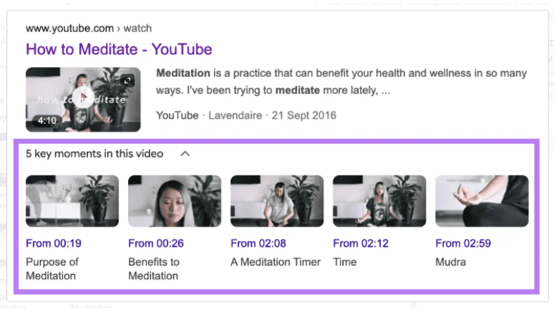 ```json
{
  "alt": "YouTube video titled 'How to Meditate' with key moments listed, including meditation benefits and techniques.",
  "caption": "Discover the essentials of meditation with this informative YouTube guide, highlighting key moments such as benefits, timers, and techniques.",
  "description": "This image displays a YouTube search result for 'How to Meditate', featuring a video by Lavendaire published on September 21, 2016. The video is 4:10 minutes long, and the search result includes a summary and key moments. These moments highlight important sections such as the purpose and benefits of meditation, a meditation timer, and techniques. Perfect for those seeking to learn more about meditation, the image serves as a helpful visual guide."
}
```