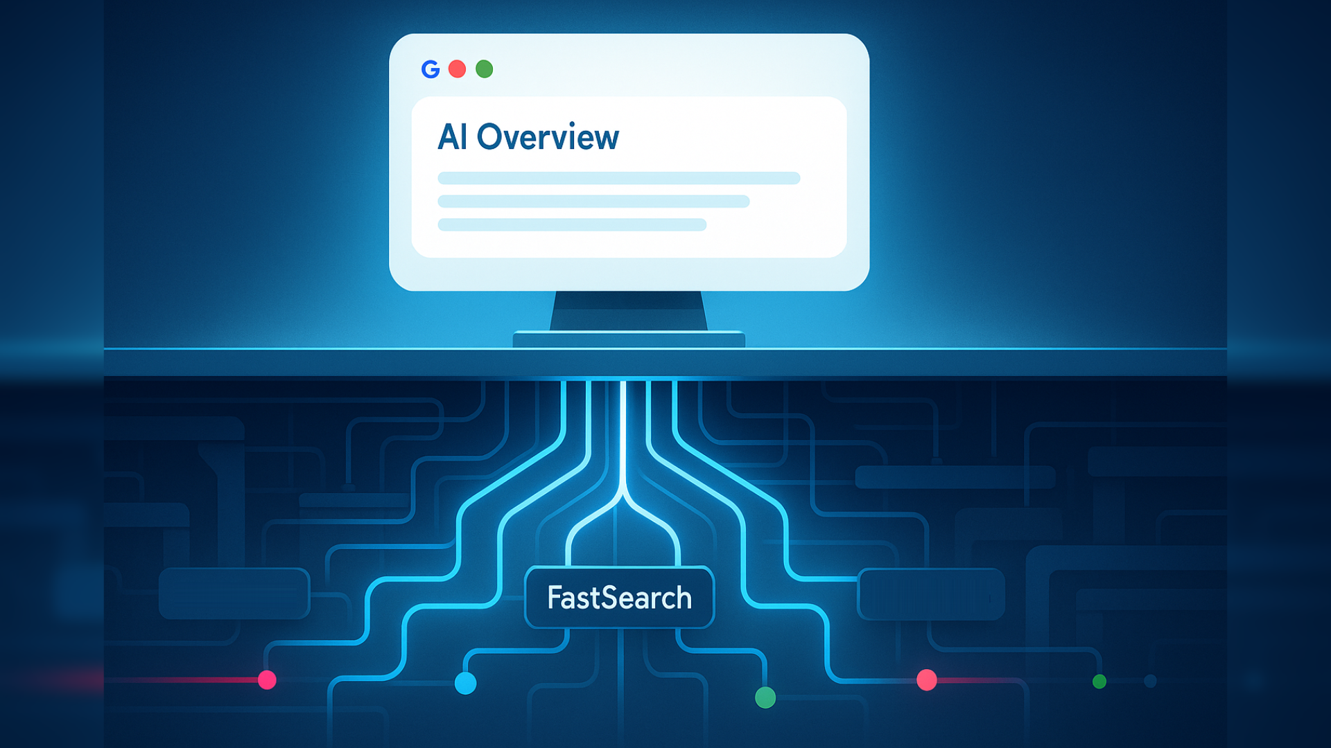 ```json
{
"alt": "Illustration of a computer screen displaying 'AI Overview' above a network labeled 'FastSearch' with circuit-like lines.",
"caption": "Dive into the digital world with this illustration showing an AI Overview, showcasing the intricate network of FastSearch technology.",
"description": "This digital illustration presents a concept of technology integration, featuring a computer screen with the words 'AI Overview'. Below, a complex network labeled 'FastSearch' is highlighted with circuit-like lines in blue, red, and green, symbolizing interconnected pathways. The image reflects the futuristic design and advanced search capabilities driven by AI technology, suitable for topics related to AI development, tech innovation, and digital transformation."
}
```