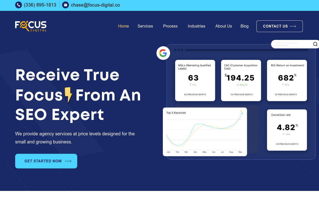 ```json
{
"alt": "Focus Digital SEO services website showcasing metrics and growth data insights.",
"caption": "Unlock true potential with Focus Digital's SEO expertise, tailored for thriving small businesses. Check out our impressive metrics and start your growth journey today!",
"description": "This image depicts the homepage of Focus Digital, an SEO service provider. Key website elements include contact information, navigation menu, and a call-to-action button labeled 'Get Started Now'. The page highlights performance metrics such as marketing qualified leads, customer acquisition cost, and return on investment, showcasing positive trends. There's a visual representation of keyword trends, enhancing the appeal of data-driven solutions aimed at small and growing businesses. Keywords: SEO, digital marketing, small business growth, data insights."
}
```
