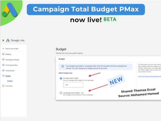 ```json
{
"alt": "Screenshot of Google Ads interface showing new Campaign Total Budget PMax feature.",
"caption": "Explore the newly launched Campaign Total Budget PMax feature in Google Ads, bringing more control and precision to your advertising budget management.",
"description": "This image showcases a screenshot of the Google Ads interface highlighting the new 'Campaign Total Budget PMax' feature, now available in beta. The screenshot includes the budget selection section with options for average daily budget and campaign total budget. Emphasized by arrows and 'NEW' label, it's an exciting update for advertisers. Shared by Thomas Eccel and sourced from Mohamed Hamed."
}
```