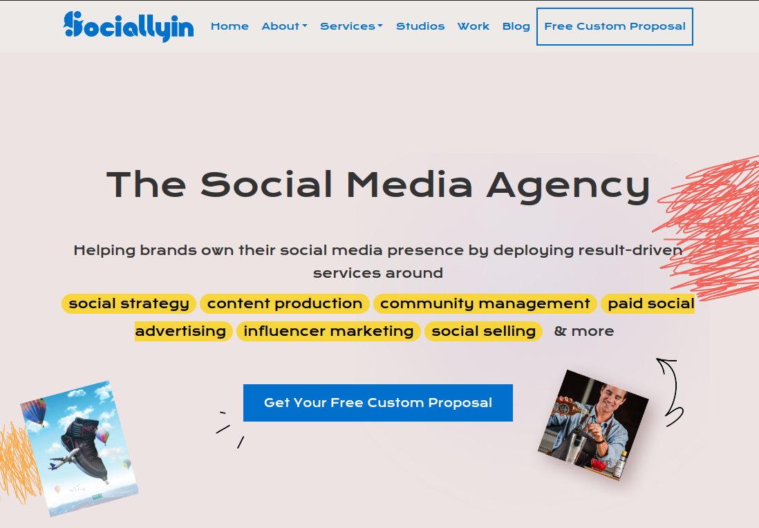 ```json
{
  "alt": "SociallyIn homepage featuring social media services like strategy and influencer marketing.",
  "caption": "Discover the power of effective social media management with SociallyIn. Unleash strategies from content production to influencer marketing. Get your custom proposal today!",
  "description": "An image of the SociallyIn website homepage highlights their expertise as a social media agency. The page promotes various services such as social strategy, content production, community management, paid social advertising, influencer marketing, and social selling. The layout is visually engaging with colorful graphics and a prominent call-to-action button for a free custom proposal. Keywords: SociallyIn, social media agency, marketing services, custom proposal."
}
```