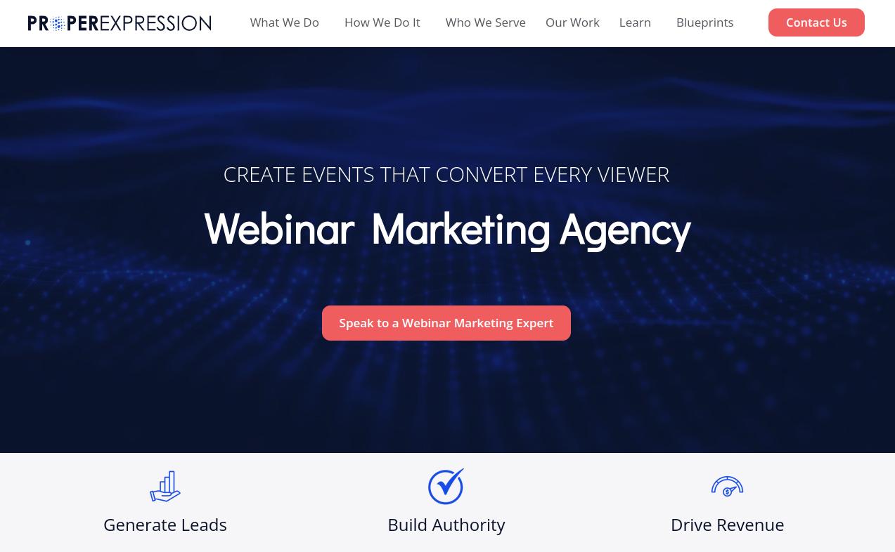 ```json
{
  "alt": "Webinar marketing agency promotional banner with a speak to expert button.",
  "caption": "Transform your webinars into powerful marketing events with expert guidance from our agency. Connect with us today!",
  "description": "This image features a promotional banner for a webinar marketing agency, highlighting the service through a catchy slogan and a prominent call-to-action button labeled 'Speak to a Webinar Marketing Expert'. The banner is designed with a digital wave pattern in the background, conveying a sense of modernity and connectivity. Three icons below emphasize the benefits: Generating Leads, Building Authority, and Driving Revenue. Keywords include webinar marketing, lead generation, and digital marketing services."
}
```