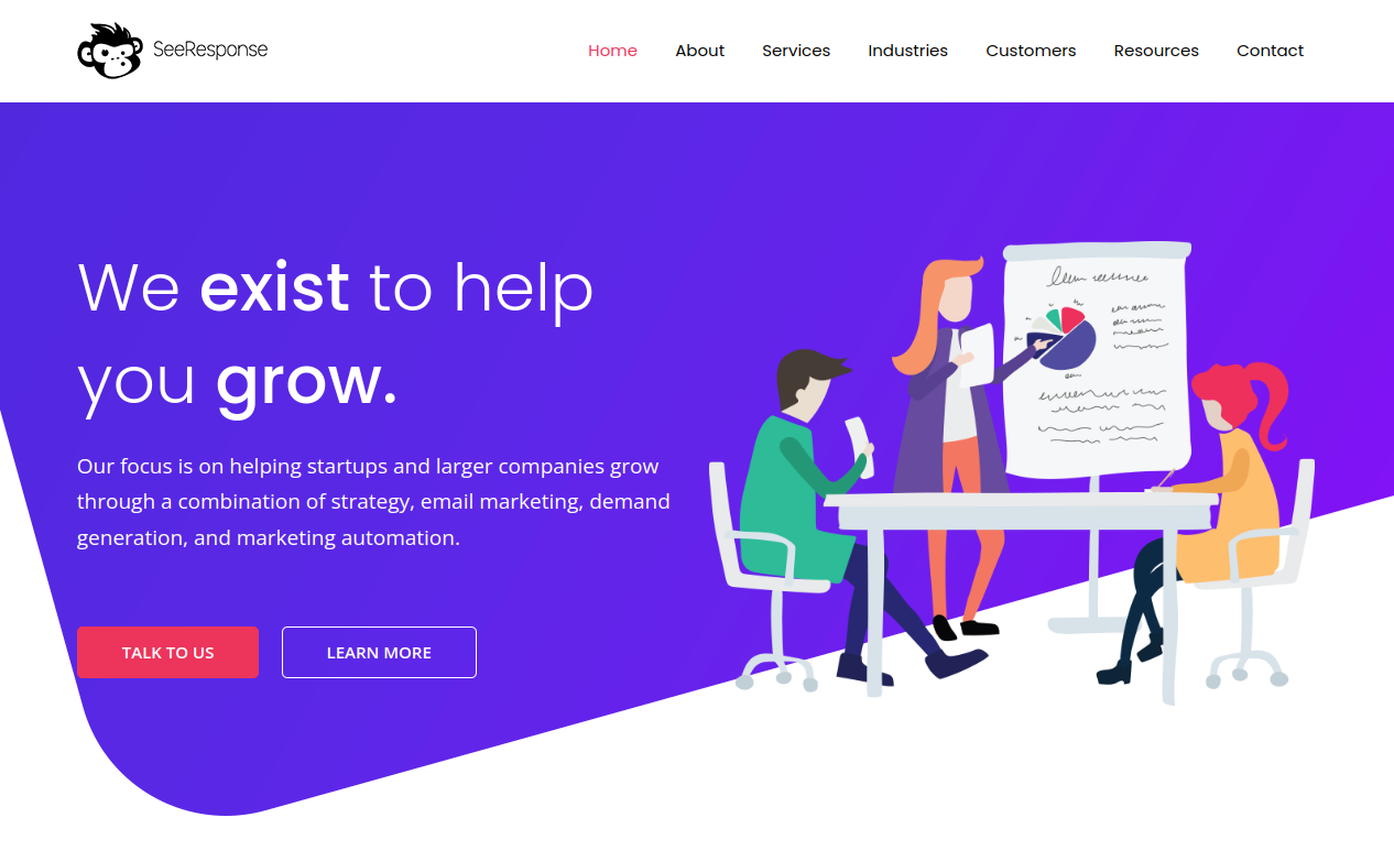 ```json
{
  "alt": "Illustration of three people collaborating in a meeting with a flip chart on a vibrant purple background.",
  "caption": "Empower your business with strategic growth. Discover how expert collaboration can drive success in a vibrant, creative space.",
  "description": "This illustration features three people engaged in a business meeting. One person is pointing at a flip chart with colorful graphs, symbolizing strategic planning. The scene is set against a vibrant purple background with text promoting business growth through strategy, email marketing, demand generation, and marketing automation. The image reflects the essence of creativity and collaboration essential for business success, with keywords like marketing, growth, and strategy for searchability."
}
```
