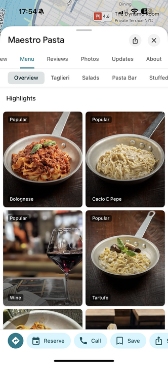 ```json
{
  "alt": "Maestro Pasta menu overview featuring popular dishes like Bolognese, Cacio e Pepe, and Tartufo, alongside a glass of wine.",
  "caption": "Explore Maestro Pasta's popular selections, from hearty Bolognese to creamy Cacio e Pepe, paired perfectly with a glass of fine wine.",
  "description": "This image showcases the menu highlights from Maestro Pasta, displaying popular pasta dishes such as Bolognese, Cacio e Pepe, and Tartufo. Featured in metal pans, these mouthwatering meals are labeled 'Popular.' A glass of red wine is also visible, suggesting a perfect pairing option for the dishes. The layout is part of the restaurant's digital menu interface, emphasizing a modern dining experience. Keywords: Maestro Pasta, Bolognese, Cacio e Pepe, Tartufo, wine, menu highlights."
}
```