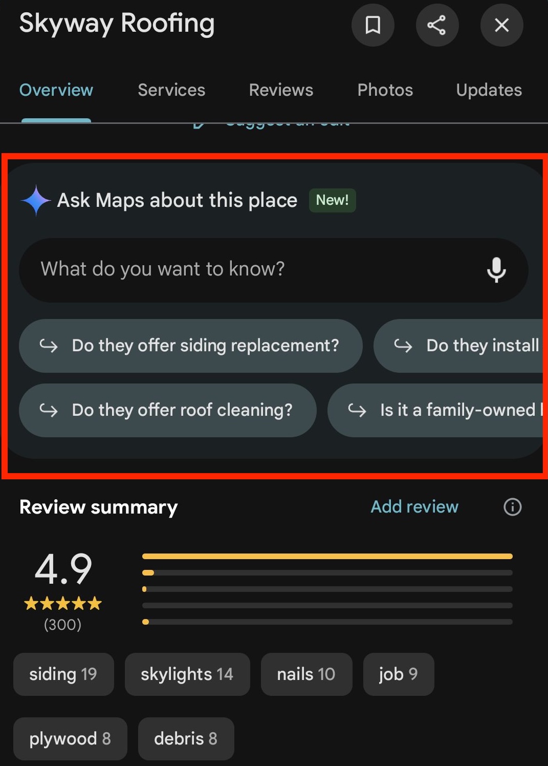 ```json
{
  "alt": "Skyway Roofing information on Google Maps with options to ask questions and review ratings.",
  "caption": "Explore Skyway Roofing on Google Maps: Discover services, ask questions, and see what others are saying with a stellar 4.9 rating from 300 reviews.",
  "description": "This image shows Skyway Roofing on Google Maps, offering users interactive features like asking questions about siding replacement, installation, roof cleaning, and family ownership. The company boasts a 4.9-star rating from 300 reviews, with keywords like siding, skylights, nails, and debris frequently mentioned. This interface encourages user engagement and easy access to specific inquiries."
}
```
