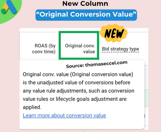 ```json
{
  "alt": "Overview of the new 'Original Conversion Value' column added to a table, highlighting its introduction and functionality.",
  "caption": "Discover the newly introduced 'Original Conversion Value' column that provides unadjusted conversion values, enhancing your data insights.",
  "description": "This image highlights the introduction of the 'Original Conversion Value' column in a data table setup, as announced by thomaseccel.com. It's pivotal for displaying the unadjusted conversion values without any applied rules or adjustments. The feature aims at improving data transparency and understanding within conversion metrics."
}
```