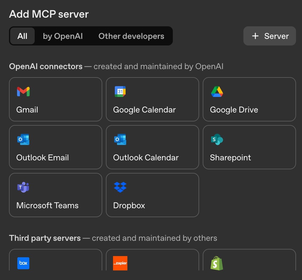 ```json
{
  "alt": "Interface for adding MCP server with OpenAI and third-party connectors like Gmail, Google Calendar, Outlook, and Dropbox.",
  "caption": "Explore seamless integration options with OpenAI's MCP server interface, featuring connectors for Gmail, Google Drive, and more.",
  "description": "This image displays an interface for adding an MCP server, showcasing a variety of OpenAI and third-party connectors. Users can select from options like Gmail, Google Calendar, Google Drive, Outlook Email, and Dropbox. The layout is organized with OpenAI-managed connectors on top and third-party servers like Box and Zapier below. This setup allows for comprehensive integration across various platforms, enhancing productivity and connectivity."
}
```