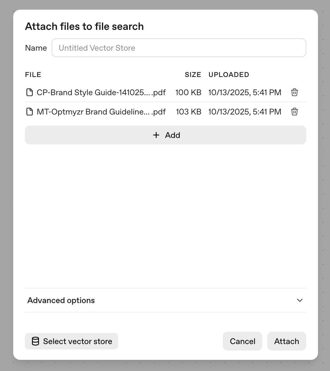 ```json
{
  "alt": "Interface showing file attachment options for a vector store, listing PDF files and upload details.",
  "caption": "Easily attach your brand guidelines with the streamlined file search and upload feature, perfect for organizing your vector store.",
  "description": "The image displays a user interface for attaching files to a vector store. Two PDF files are listed with names, sizes, and upload dates. The interface includes buttons for adding more files, selecting a vector store, and the option to cancel or attach. This feature aids in efficient file management and project organization, enhancing productivity and accessibility for users managing digital assets."
}
```