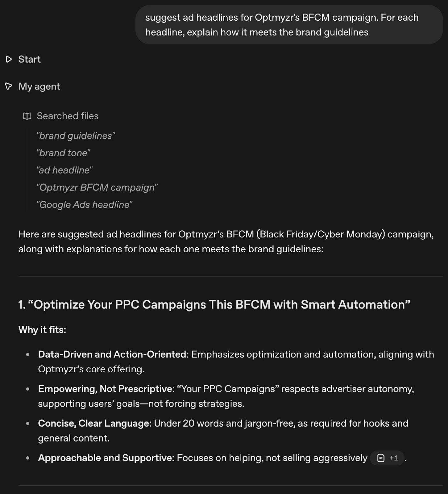 ```json
{
  "alt": "Text analyzing ad headlines for Optmyzr's BFCM campaign with emphasis on brand guidelines.",
  "caption": "Crafting compelling ad headlines for Optmyzr's BFCM campaign, highlighting how they align with brand values for effective marketing.",
  "description": "This image displays a text-based analysis of suggested ad headlines for Optmyzr's Black Friday/Cyber Monday campaign. It includes a breakdown of how each headline meets brand guidelines such as data-driven strategies, empowerment, clear language, and a supportive tone. The layout includes headers, bullet points, and search file references, offering a detailed overview for optimal advertising strategy."
}
```