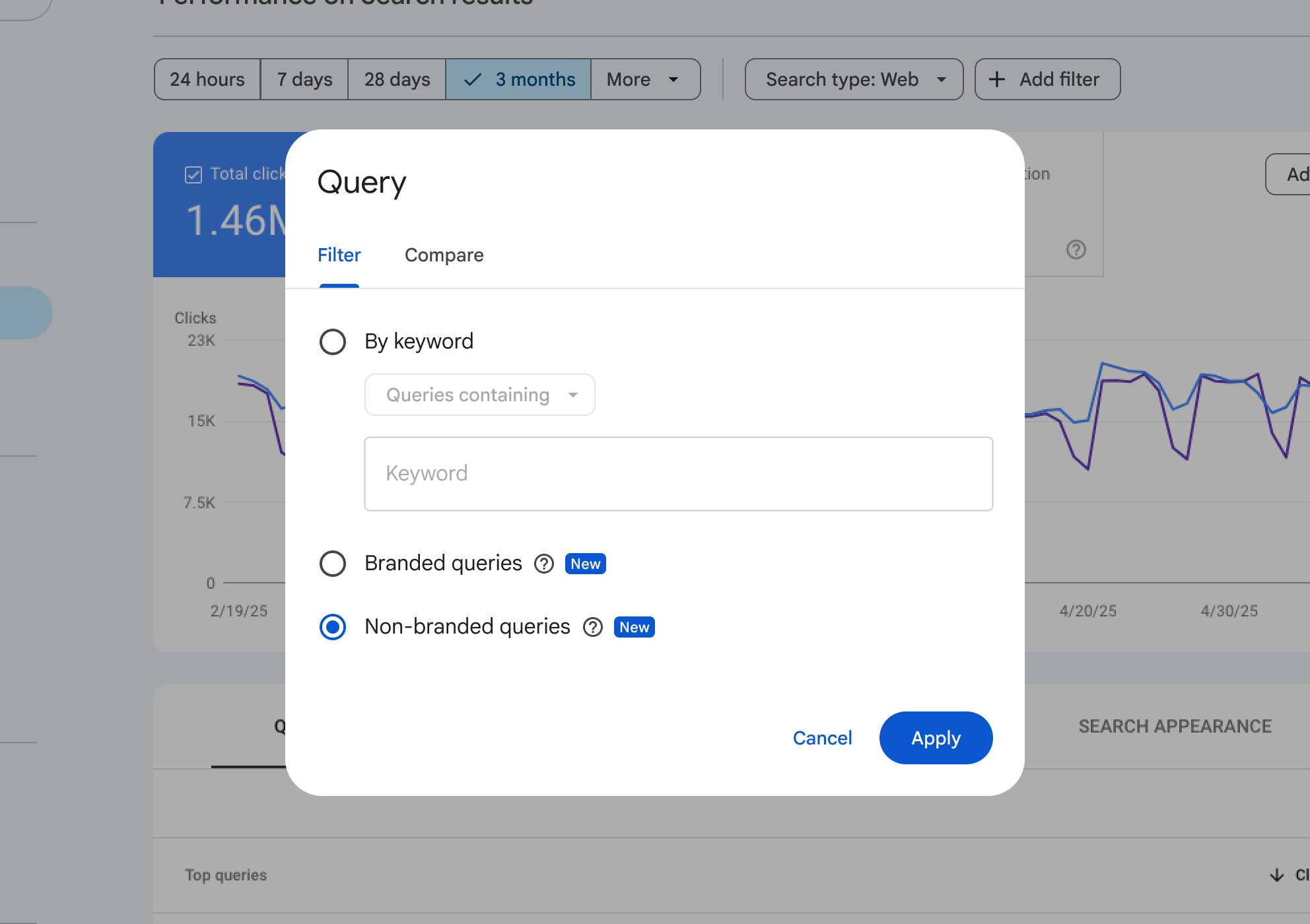 ```json
{
  "alt": "Google Search Console filter menu for query settings with non-branded queries selected.",
  "caption": "Exploring search performance insights with Google Search Console's filter menu, focusing on non-branded queries for a three-month period.",
  "description": "This image displays the Google Search Console interface, specifically the filter menu for setting search query parameters. The menu shows options to filter by keyword, branded queries, and non-branded queries, with the latter selected. The background features a line graph representing performance data for a three-month timeframe. Key interface buttons 'Cancel' and 'Apply' are visible, providing a comprehensive tool for analyzing website performance metrics. Keywords: Google Search Console, filter, search queries, non-branded, performance analysis."
}
```