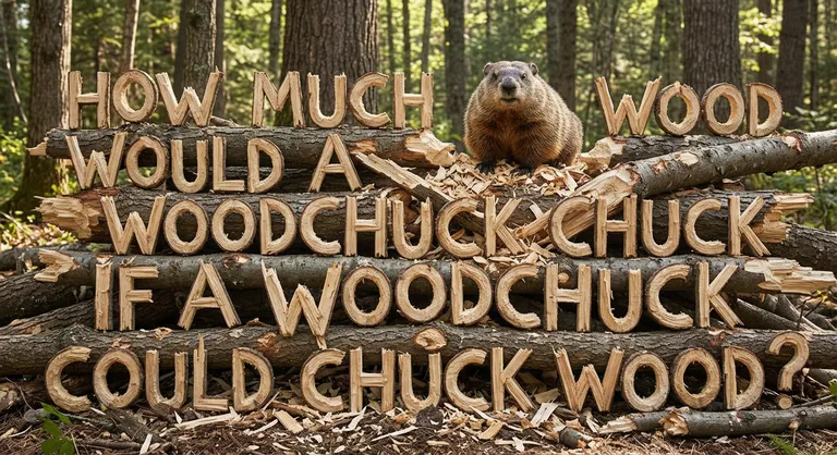 ```json
{
  "alt": "Woodchuck on stacked logs with carved letters forming 'How much wood would a woodchuck chuck if a woodchuck could chuck wood?'",
  "caption": "A playful woodchuck poses atop a stack of logs, carved into the classic tongue twister. Nature meets whimsy in this forest tableau!",
  "description": "An imaginative image featuring a woodchuck perched on a pile of logs in a forest. The logs are artistically carved to display the famous tongue twister, 'How much wood would a woodchuck chuck if a woodchuck could chuck wood?' Surrounded by lush greenery, the scene combines humor and nature, capturing the whimsical essence of the classic saying. Ideal for adding a touch of humor and creativity to any setting."
}
```