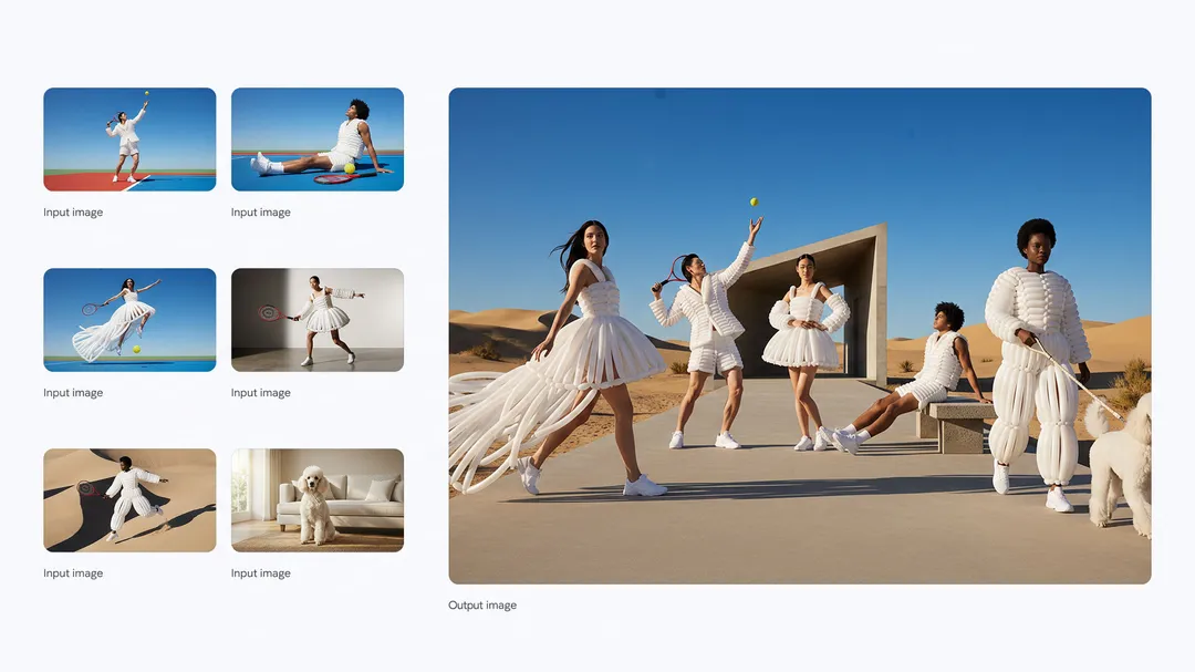 ```json
{
  "alt": "Collage with people in avant-garde tennis attire in a desert setting, accompanied by a dog.",
  "caption": "Step into the future of fashion and tennis with avant-garde outfits set against a stunning desert backdrop. This ensemble captures innovation and style seamlessly.",
  "description": "A captivating collage showcasing avant-garde fashion with a tennis theme. The main image features a group wearing futuristic white outfits with tennis elements in a desert. Smaller inset images highlight various poses and settings, including a dog indoors, creating a unique blend of high fashion and sports. This image combines elements of style, sport, and nature, making it a striking and imaginative visual. Keywords: fashion, tennis, avant-garde, desert, style, innovative clothing."
}
```