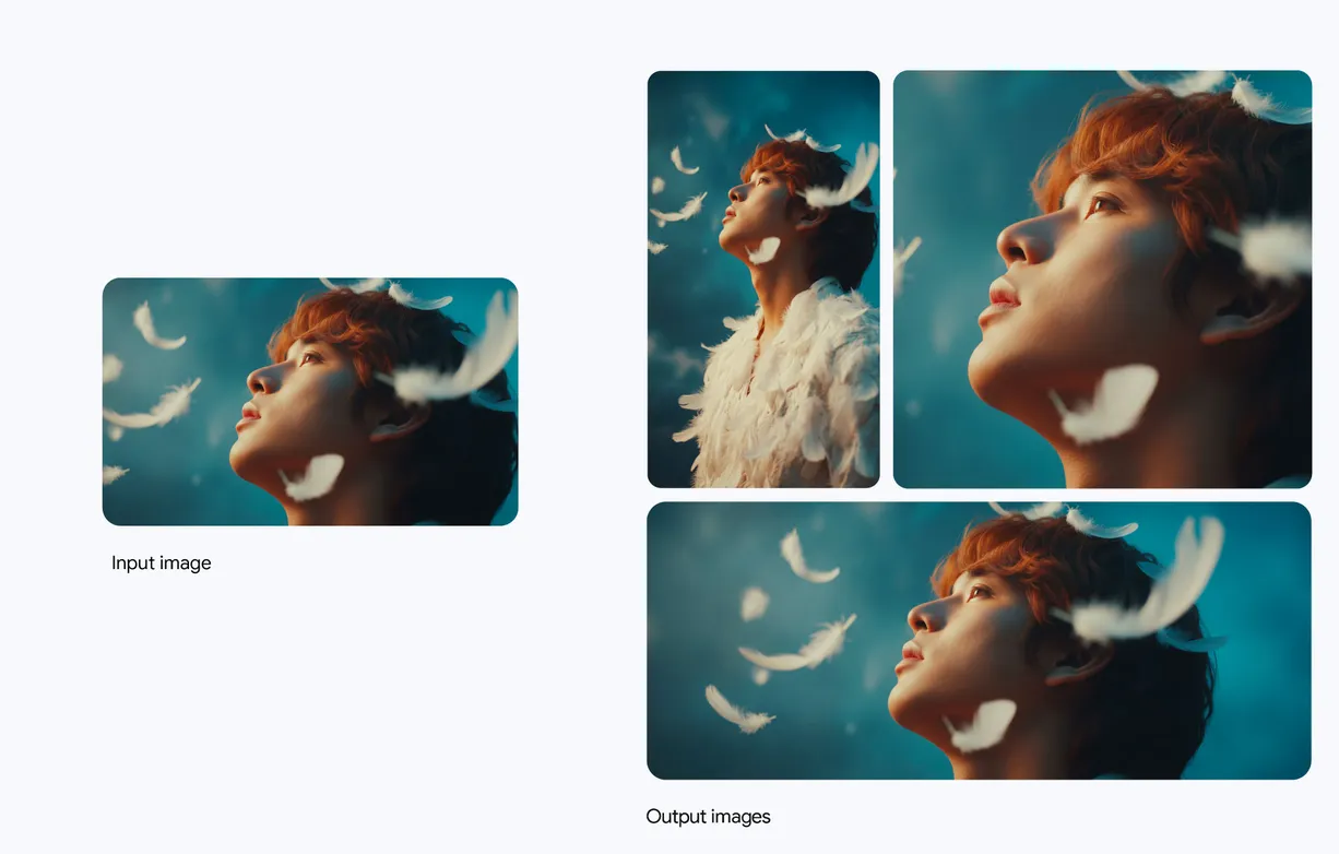```json
{
  "alt": "Young person with red hair looking upwards, surrounded by floating white feathers against a deep blue sky.",
  "caption": "Lost in a moment of serene beauty, a young dreamer gazes skyward as gentle feathers drift by, creating a whimsical vision against a stunning blue backdrop.",
  "description": "The image depicts a young individual with red hair looking upwards, enveloped by floating white feathers against a deep blue sky. The soft, dreamy atmosphere creates an ethereal scene, capturing a sense of wonder and tranquility. The combination of the subject's expression and the ambient feathers evokes feelings of freedom and dreams. The composition includes both the original input image and processed outputs, showcasing varying perspectives of the same serene moment."
}
```