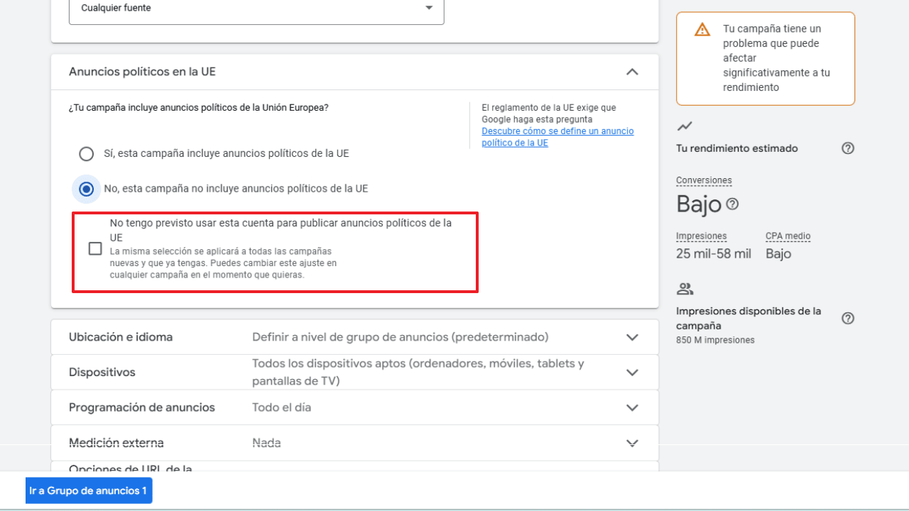 ```json
{
  "alt": "Screenshot of a Google Ads setting for political ads in the EU, highlighting campaign performance issues.",
  "caption": "Navigating Google Ads settings for EU political campaigns can help address potential performance issues effectively.",
  "description": "This image displays a section of the Google Ads settings page concerning political ads in the EU. The options include whether the campaign includes EU political ads and a checkbox for not using the account for such ads. The sidebar shows an alert about a performance-affecting issue, along with estimated performance metrics like conversions and impressions. Keywords: Google Ads, EU political ads, campaign settings, performance metrics."
}
```