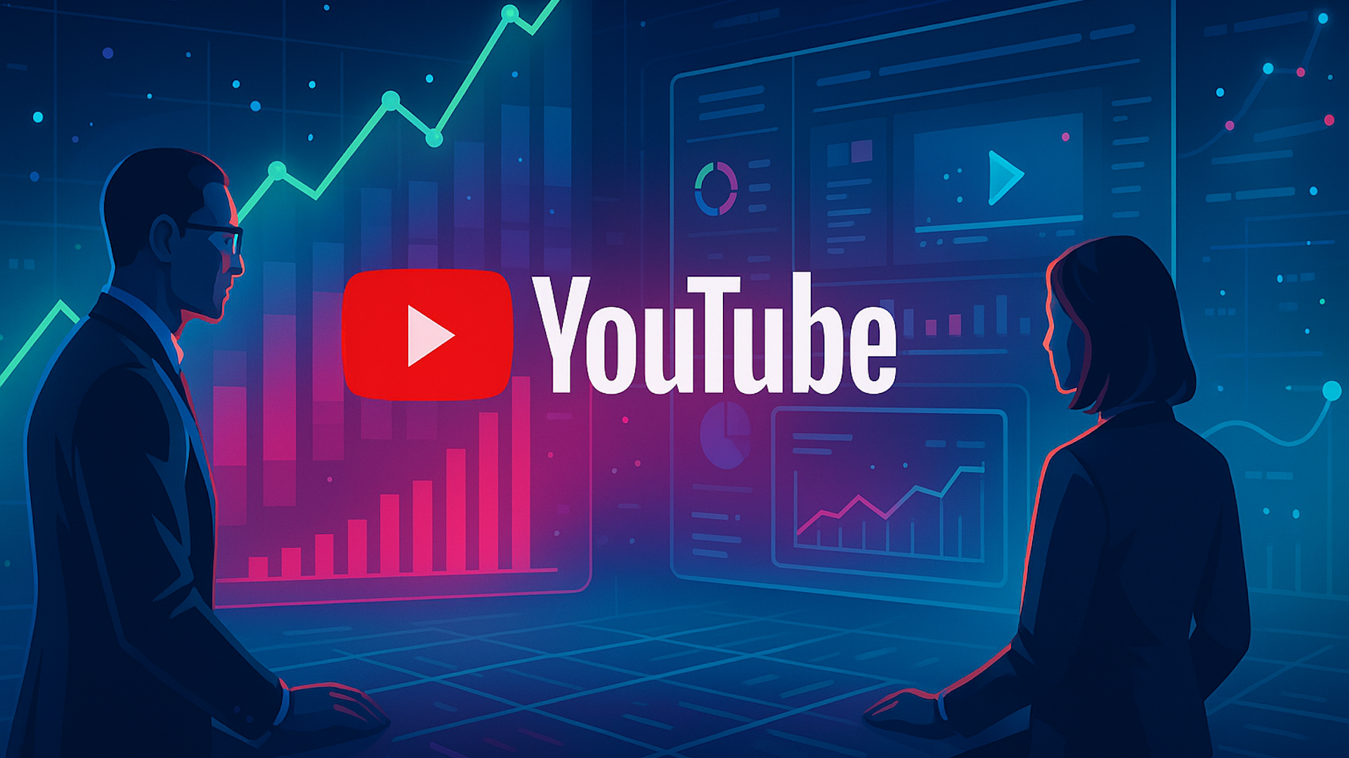 ```json
{
  "alt": "Illustration of two people analyzing YouTube growth charts on a digital screen.",
  "caption": "Exploring the trends: Two individuals analyze YouTube's rising growth metrics on a futuristic digital interface, highlighting the platform's dynamic evolution.",
  "description": "This digital illustration features two silhouetted individuals examining growth charts and data analytics on a futuristic digital screen, prominently showcasing the YouTube logo. The scene emphasizes YouTube's expanding influence with rising graphs and visual metrics. The blue and red color palette adds a modern and technological feel, making it ideal for discussions on social media growth, digital marketing, or tech trends."
}
```