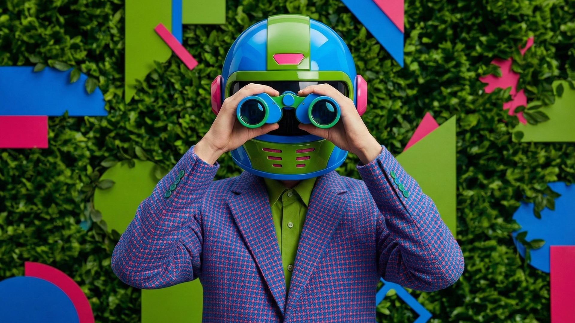 ```json
{
  "alt": "Person in a colorful robot helmet using binoculars, standing against a green, leafy background with geometric shapes.",
  "caption": "Embrace the future! A colorful robotic vision comes alive as this unique character peers through binoculars, exploring a vibrant geometric world.",
  "description": "A person dons a futuristic blue and green robot helmet while peering through matching binoculars. The scene is set against a lush green wall scattered with colorful geometric shapes, including pink, blue, and green accents. The individual wears a blue and pink patterned blazer over a green shirt, adding to the playful and imaginative feel. This image blends elements of sci-fi, curiosity, and creativity in a visually stimulating composition."
}
```