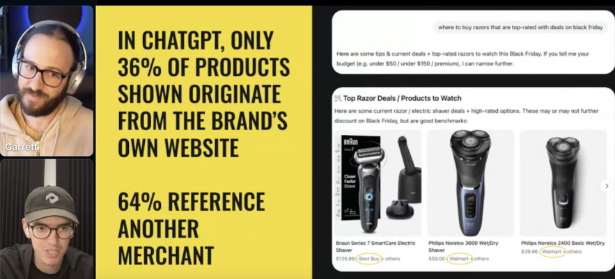 ```json
{
  "alt": "Two people discussing a screen about ChatGPT product origins with statistics and razor product listings.",
  "caption": "Discover how ChatGPT's product sourcing is changing the landscape: 36% of products from original brands, while 64% link to other merchants. What does this mean for consumers?",
  "description": "This image shows a video call between two individuals discussing the sourcing of products in ChatGPT, highlighted by a yellow screen with text stating 36% of products originate from the brand's own site, while 64% reference another merchant. The screen also displays product listings for electric razors from Best Buy and Walmart as examples. This discussion highlights the importance of understanding how consumers are being directed to different merchants."
}
```