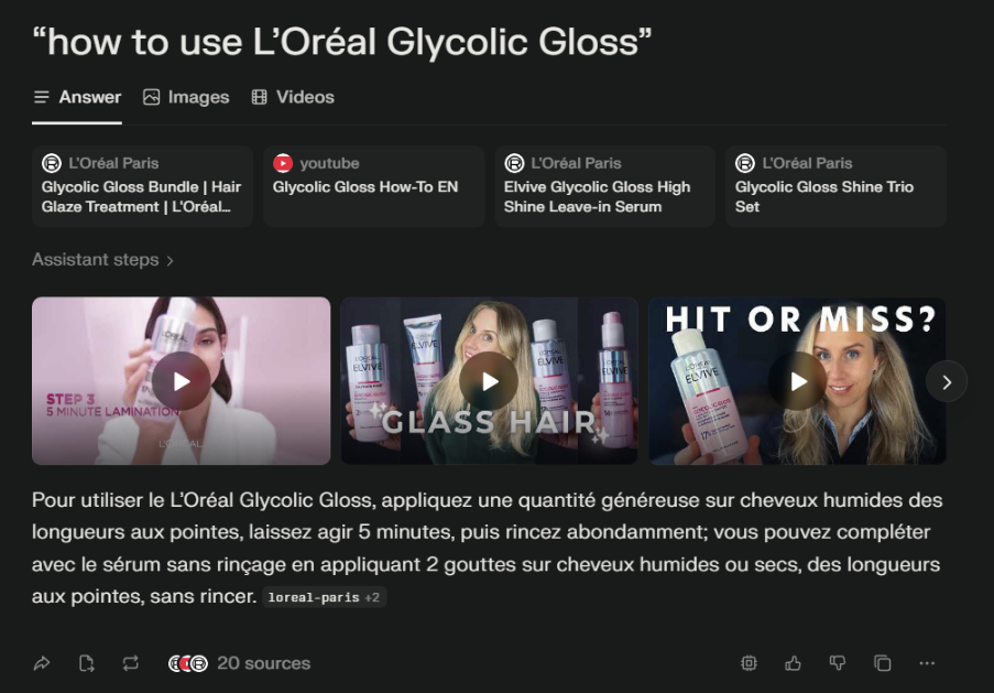 ```json
{
  "alt": "Screenshot of a search result on how to use L'Oréal Glycolic Gloss with video thumbnails and text instructions.",
  "caption": "Discover the secrets to smooth, glossy hair with L'Oréal Glycolic Gloss. Watch tutorials and follow detailed steps for salon-like results at home.",
  "description": "This image is a screenshot of a search result page on using L'Oréal Glycolic Gloss. It includes clickable video thumbnails, such as tutorials and reviews. Text instructions are provided in French, explaining how to apply the product for optimal hair care results. The image highlights related products and advice on achieving 'glass hair.' Great for anyone looking to enhance their hair care routine with professional tips."
}
```