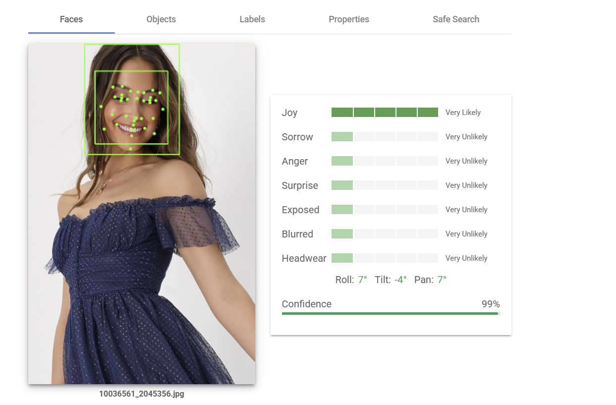 ```json
{
  "alt": "Smiling woman in an off-shoulder blue dress with highlighted facial recognition analysis.",
  "caption": "Capturing joy with accuracy! A woman beams joyfully in a stylish blue dress, as her facial expression is analyzed with remarkable confidence.",
  "description": "This image presents a woman wearing an elegant off-shoulder blue dress, smiling broadly. Facial recognition analysis rates her expression as very likely joyful, with minimal indicators of other emotions. The technical overlay includes a confidence score of 99% and slight facial orientation adjustments: roll 7°, tilt -4°, pan 7°. Ideal for fashion, emotion analytics, and photography discussions."
}
```