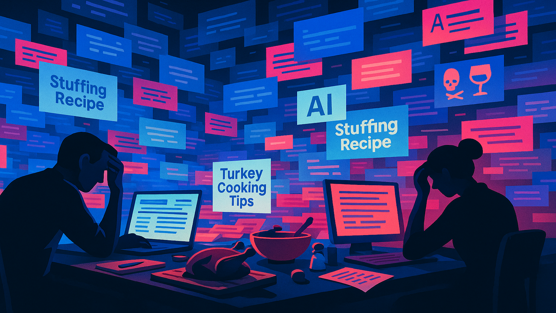 ```json
{
"alt": "Two people stressed in front of computers with screens filled with recipe queries and AI references.",
"caption": "Feeling overwhelmed with recipe research? You're not alone. Explore the chaos between turkey tips and AI suggestions.",
"description": "This illustration depicts two individuals seated at desks, appearing stressed as they face computer screens surrounded by digital notes. The notes display phrases like 'Stuffing Recipe' and 'Turkey Cooking Tips,' highlighting the overwhelming nature of information sourcing. The background is filled with various colored panels, emphasizing a digital overload. The artistic use of cool colors adds to the sense of stress and confusion associated with managing recipe and AI-related queries."
}
```