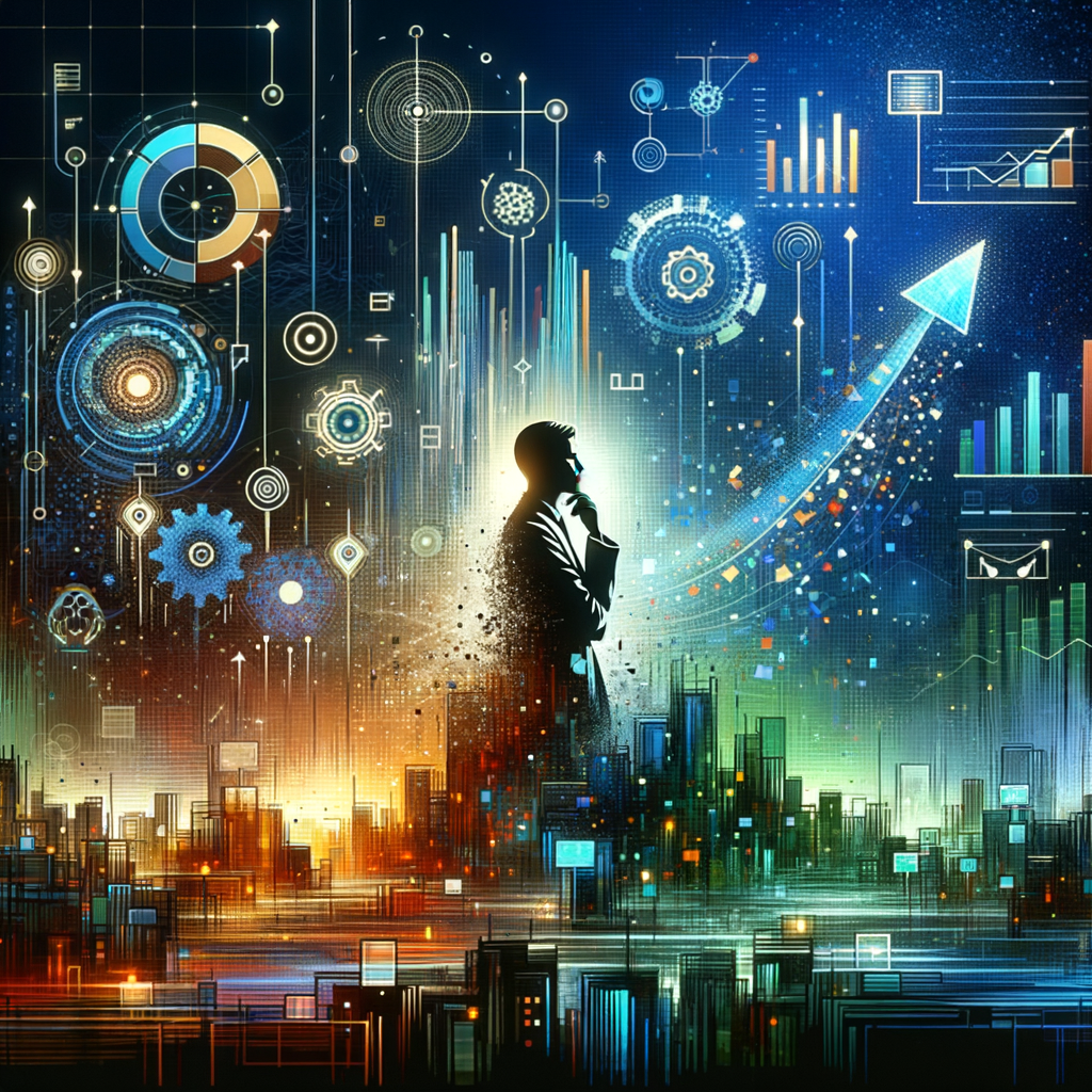 ```json
{
  "alt": "Silhouette of a man amidst digital graphs and cityscape, symbolizing innovation and technology.",
  "caption": "A visionary silhouette contemplates the intersection of technology and urban life, amidst vibrant digital landscapes and data visualizations.",
  "description": "This image features the silhouette of a man deep in thought, surrounded by a digital landscape of glowing graphs, gears, and cityscape elements. The composition combines elements of technology and urbanism, illustrated by circuit-like designs, data charts, and upward arrows denoting progress and innovation. The vibrant color palette of blues, greens, and oranges enhances the futuristic theme of the image, making it ideal for topics related to technology, innovation, and urban planning."
}
```