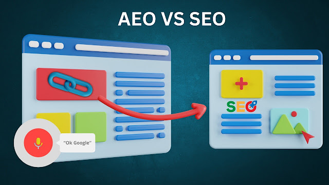 ```json
{
  "alt": "Digital illustration comparing AEO and SEO with graphic elements and an arrow.",
  "caption": "AEO vs SEO: Exploring the dynamic interplay between these two digital strategies with vibrant graphics and an engaging visual narrative.",
  "description": "This digital illustration contrasts AEO (Answer Engine Optimization) and SEO (Search Engine Optimization). It presents two web window graphics with colorful icons and elements linked by a red arrow, symbolizing the evolution and integration of these strategies. The image includes relevant keywords and a voice command representing digital interaction, set against a dark background to highlight the visual elements."
}
```