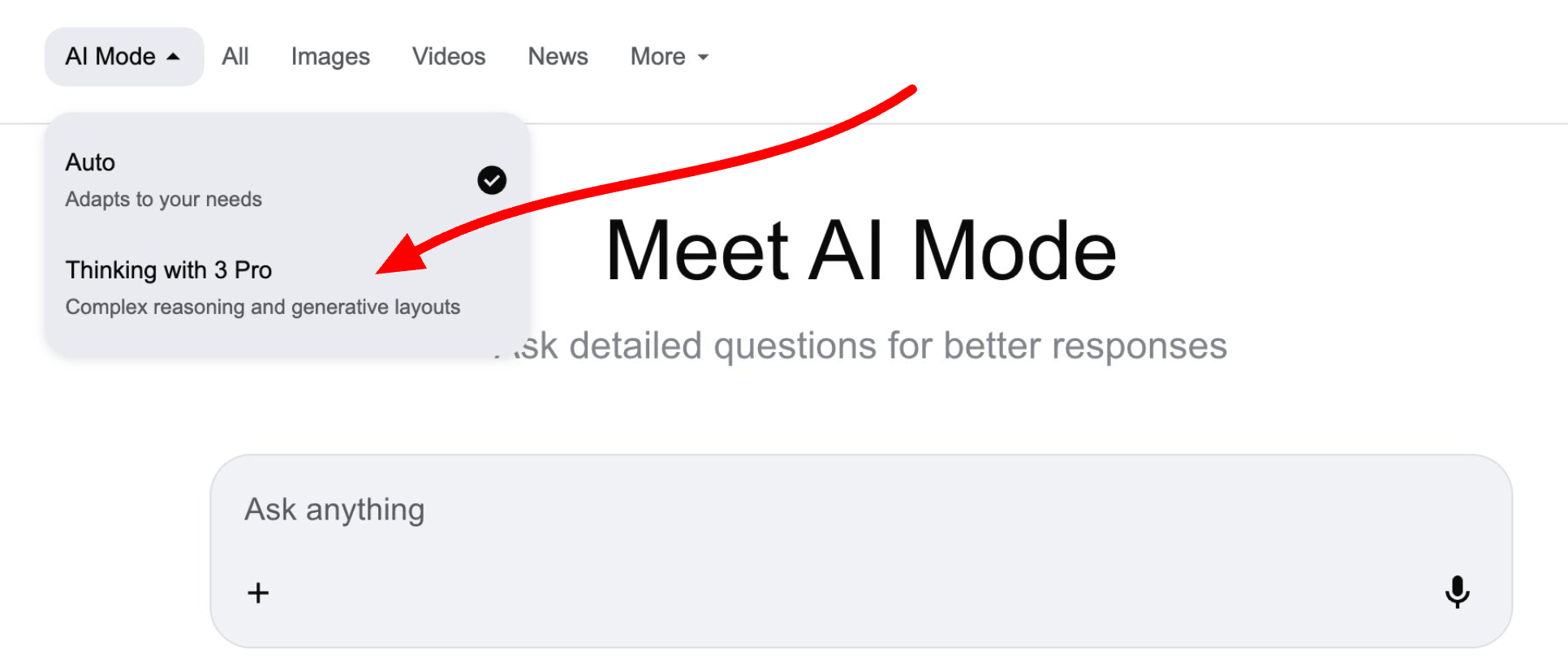 ```json
{
  "alt": "Dropdown showing AI Mode selection with Thinking with 3 Pro option highlighted.",
  "caption": "Choose your AI Mode with ease! Highlighted is the 'Thinking with 3 Pro' option, designed for complex reasoning.",
  "description": "This image displays a dropdown menu titled 'AI Mode,' where users can choose between different AI settings. The 'Thinking with 3 Pro' option, which promises complex reasoning and generative layouts, is highlighted with an arrow. This selection suggests a focus on advanced AI interaction, making it ideal for users looking for detailed and dynamic responses. Keywords: AI Mode, Thinking with 3 Pro, dropdown menu, advanced AI, complex reasoning."
}
```