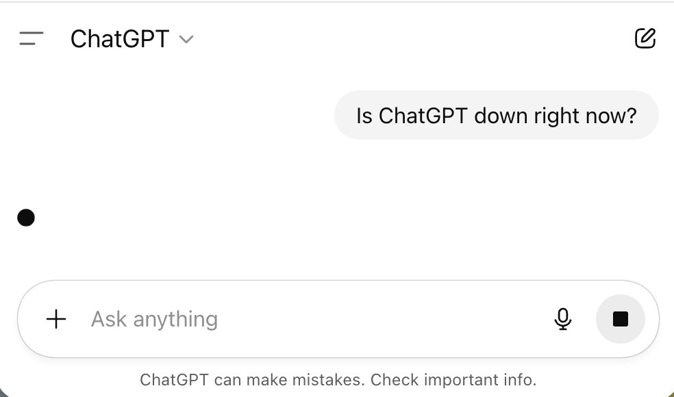 ```json
{
  "alt": "A ChatGPT interface with a user typing 'Is ChatGPT down right now?'",
  "caption": "Wondering about ChatGPT's status? A user queries if the AI service is down, reflecting concerns about accessibility.",
  "description": "This image shows a ChatGPT interface where a user has typed 'Is ChatGPT down right now?' in the text input field. At the bottom of the interface, a note reminds users that 'ChatGPT can make mistakes. Check important info.' This scene captures a common concern about AI service availability and reliability, highlighting user dependency on continual access to the system."
}
```