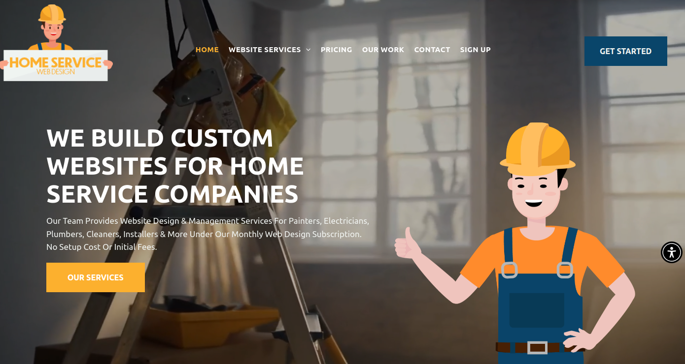 ```json
{
"alt": "Homepage of a web design service for home service companies, featuring a construction worker illustration and service details.",
"caption": "Build your online presence with custom websites tailored for home service businesses. No setup costs, flexible management, and ready for painters, electricians, and more!",
"description": "This image is the homepage of a web design service focused on creating custom websites for home service companies. The background includes a blurred home setting with a ladder, while an illustration of a construction worker holding a sign is in the foreground. Text highlights services offered for painters, electricians, plumbers, and more, with no initial fees. Key navigation options and a call to action button 'Get Started' are also visible, enhancing user experience. Keywords: web design, home services, custom websites, digital solutions."
}
```